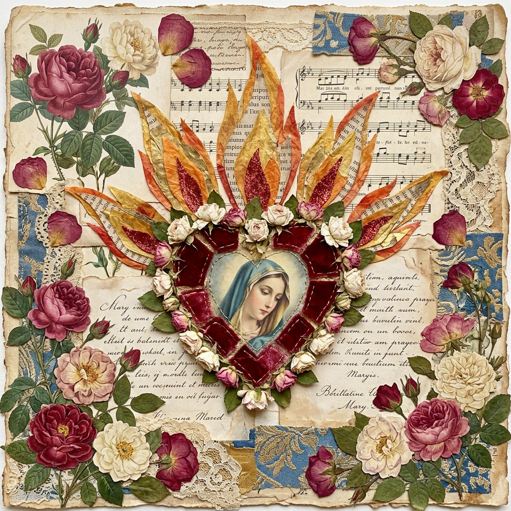 Flaming heart collage with Virgin Mary portrait, flowers, and vintage papers