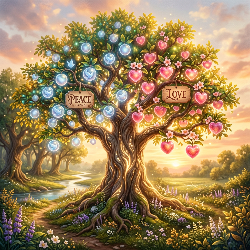 Tree with glowing blue peace doves and pink heart fruits labeled 'Peace' and 'Love'