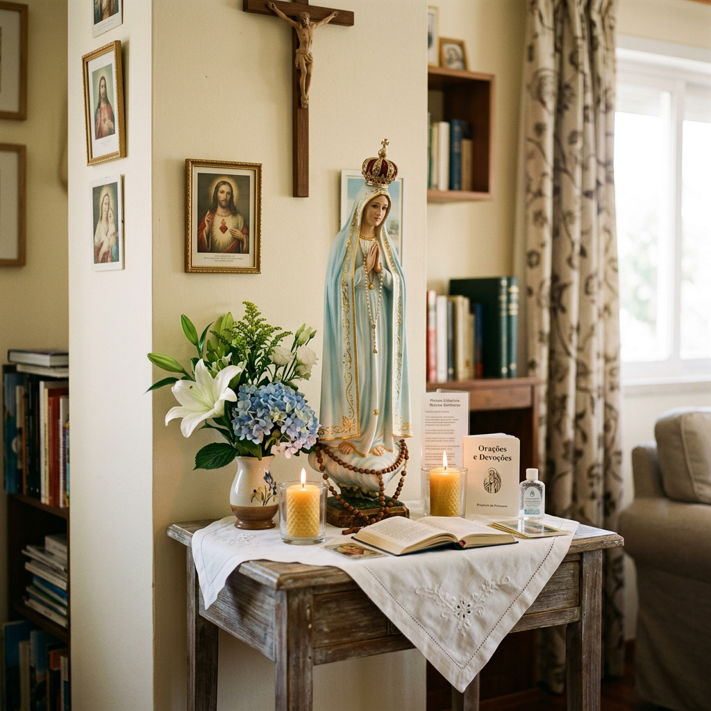 Statue of Virgin Mary on wooden table with lit candles, flowers, prayer book, and religious images on wall