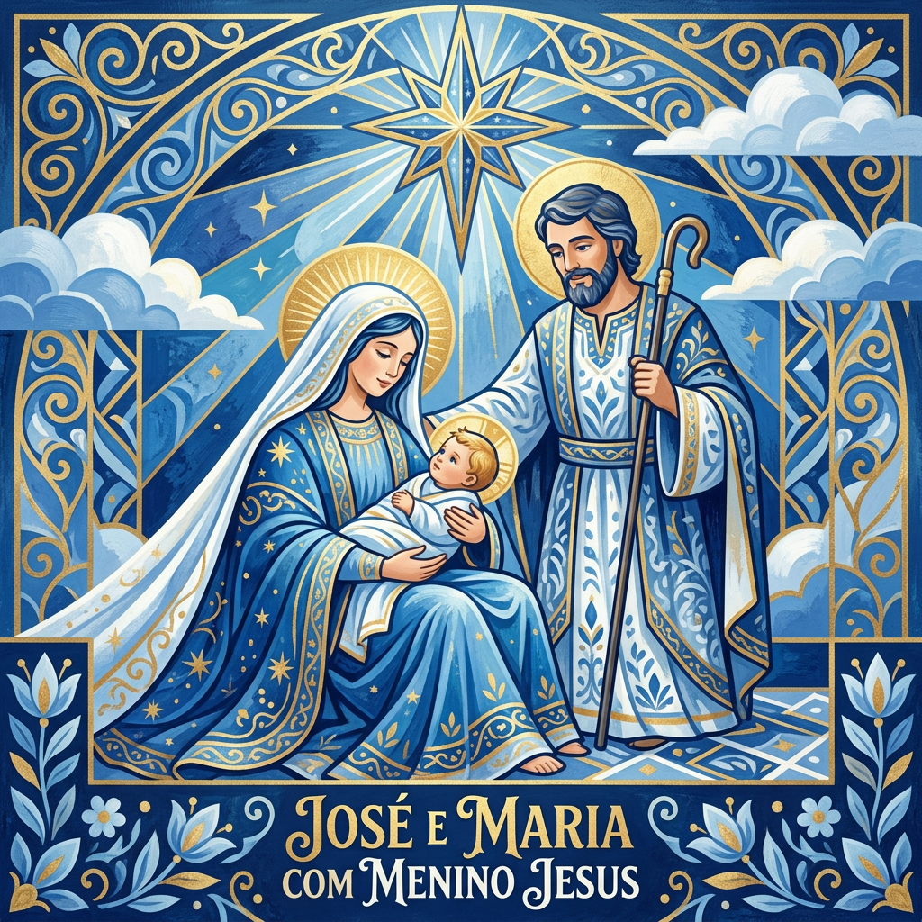 José, Maria, and baby Jesus in a detailed blue and gold nativity illustration
