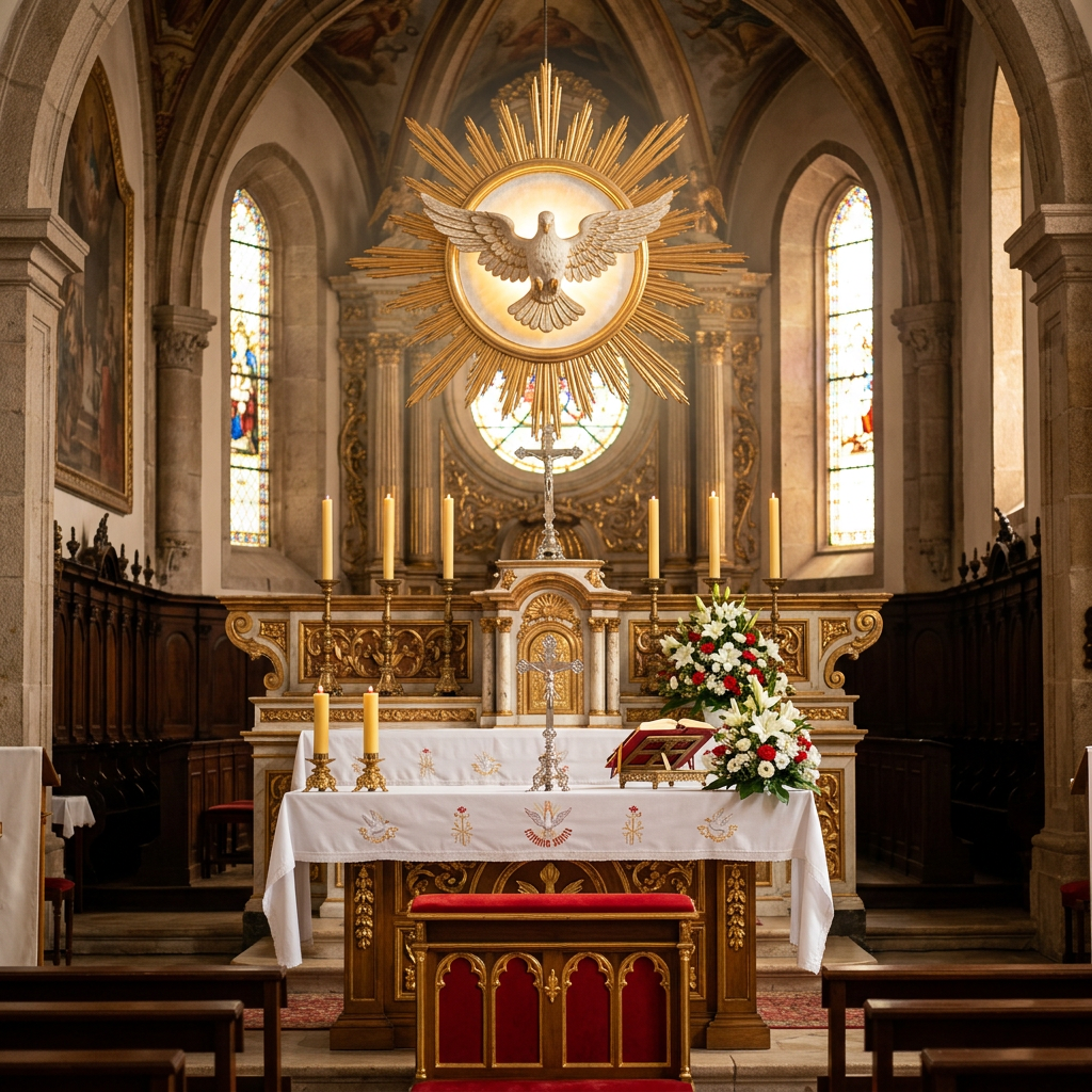 Ornate church altar with golden dove sculpture, candles, and flower bouquets