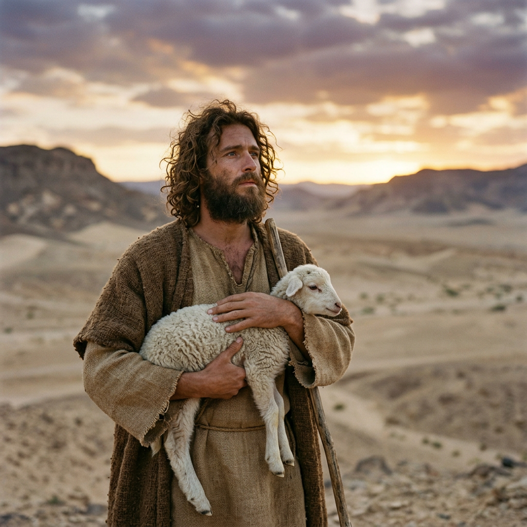 A shepherd holding a lamb in his arms in a desert during sunset