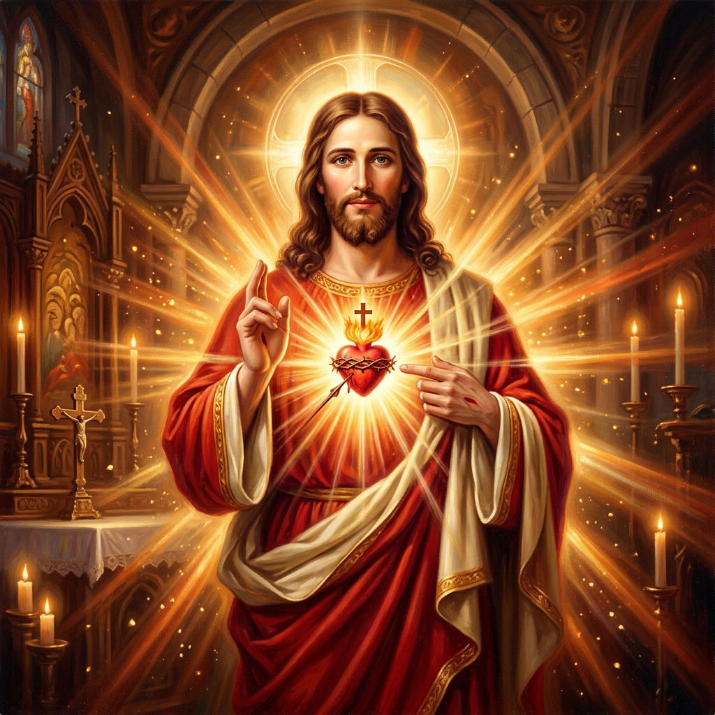 Jesus Christ with glowing Sacred Heart surrounded by radiant light in church