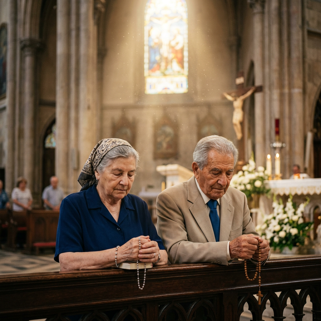 Elderly man and woman praying with rosaries in a church pew