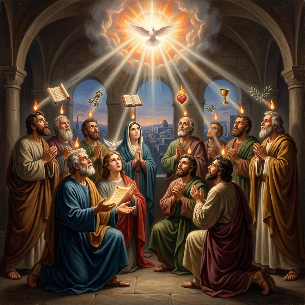 A group of apostles and Mary with flames above their heads and a glowing dove descending.