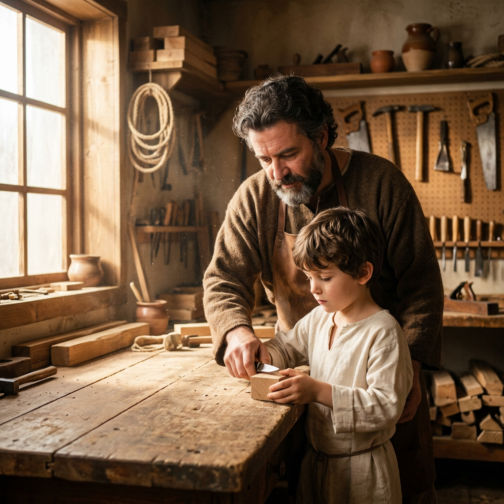 Older man guiding young boy using a chisel on wood block in workshop