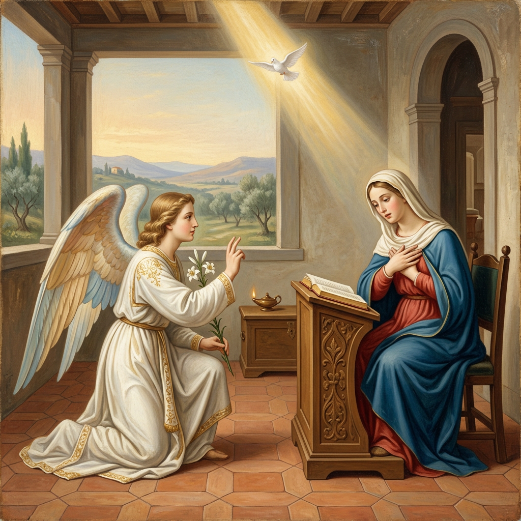 Angel Gabriel kneeling with lilies before Mary in a room, dove shining light