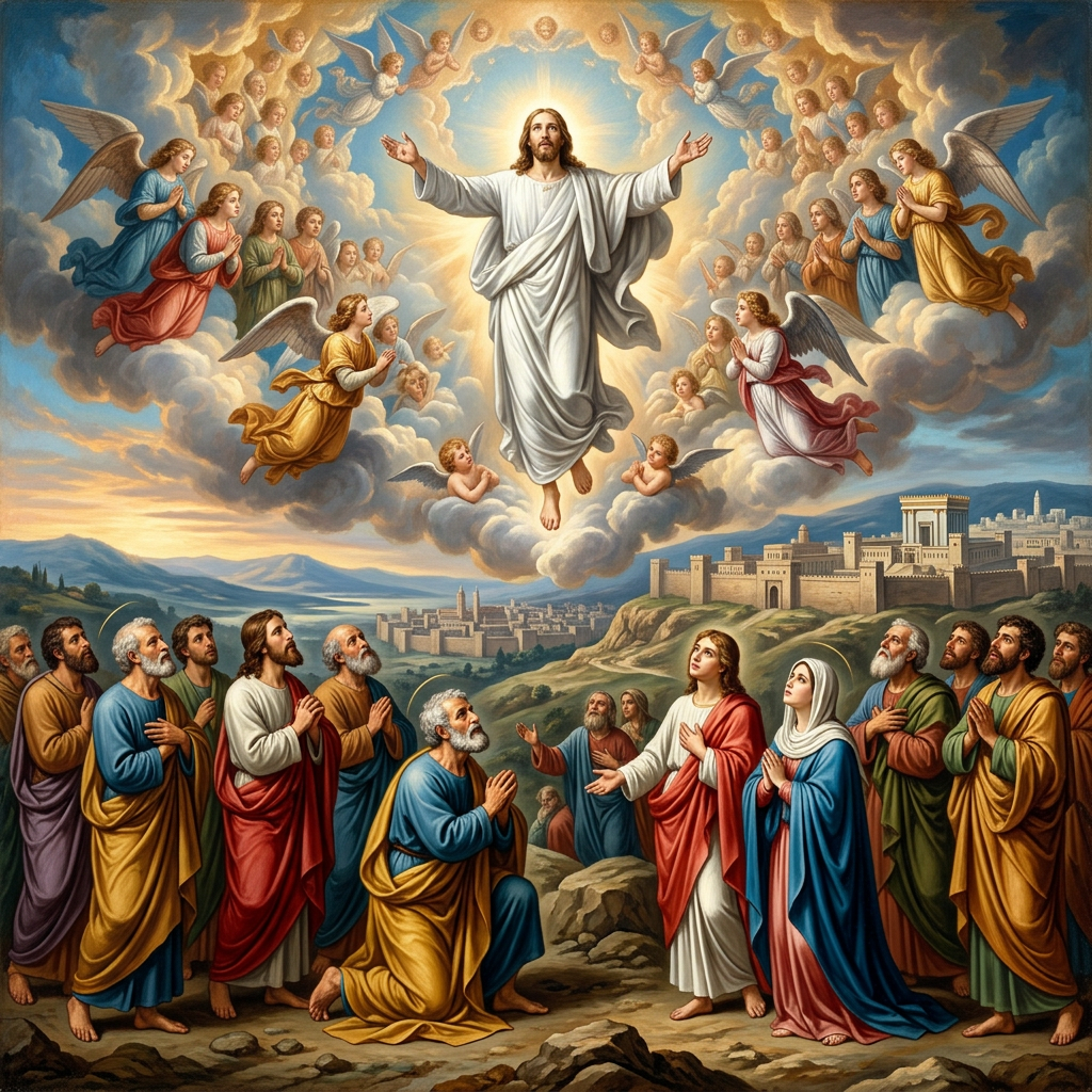 Jesus Christ ascending with angels above and disciples looking up below