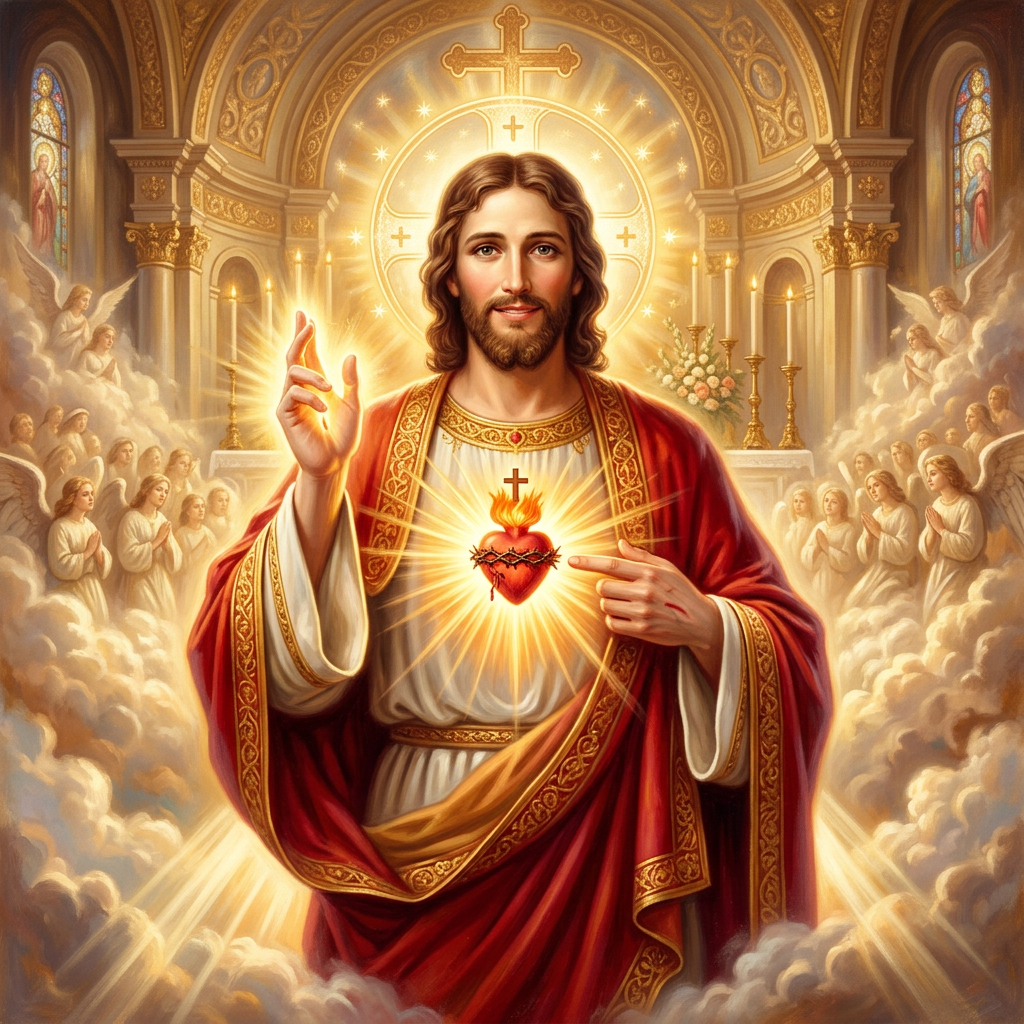 Jesus Christ in red and white robes pointing to his glowing Sacred Heart surrounded by angels