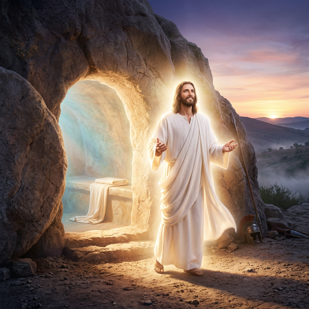 Jesus in white robe glowing walking out of stone tomb at sunrise