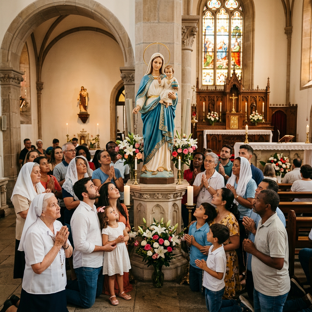 People kneeling and praying around a statue of Virgin Mary holding baby Jesus inside a church