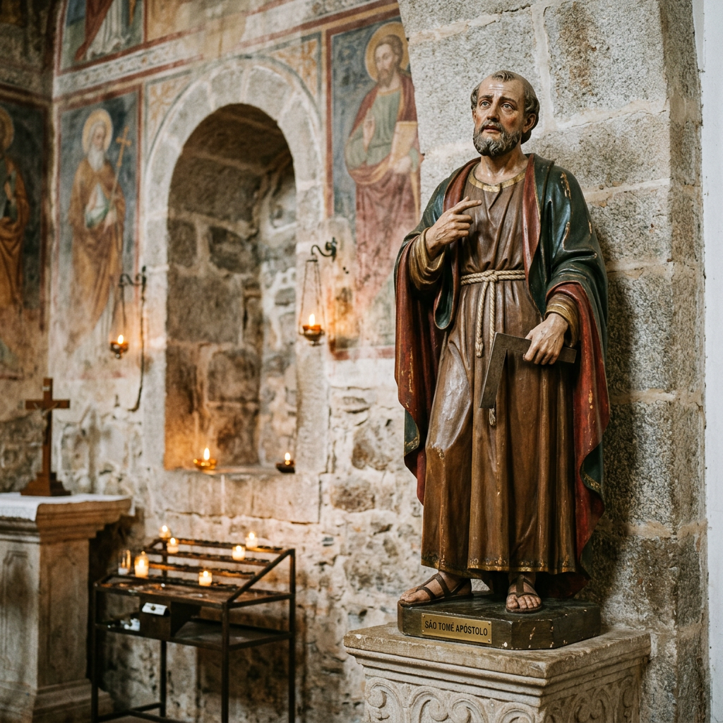 Statue of Saint Thomas Apostle holding a square tool, standing on a pedestal inside a chapel