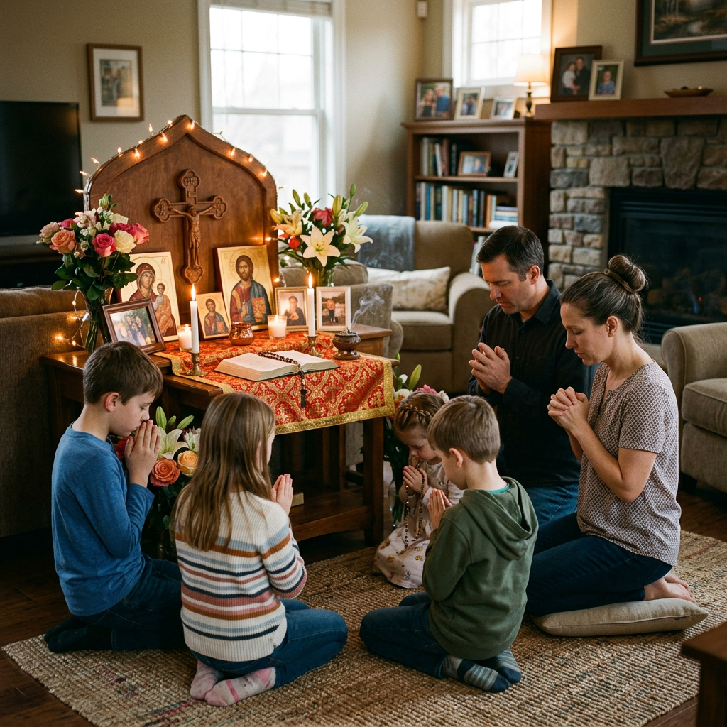 Family kneeling in prayer before a home altar with religious icons and lit candles