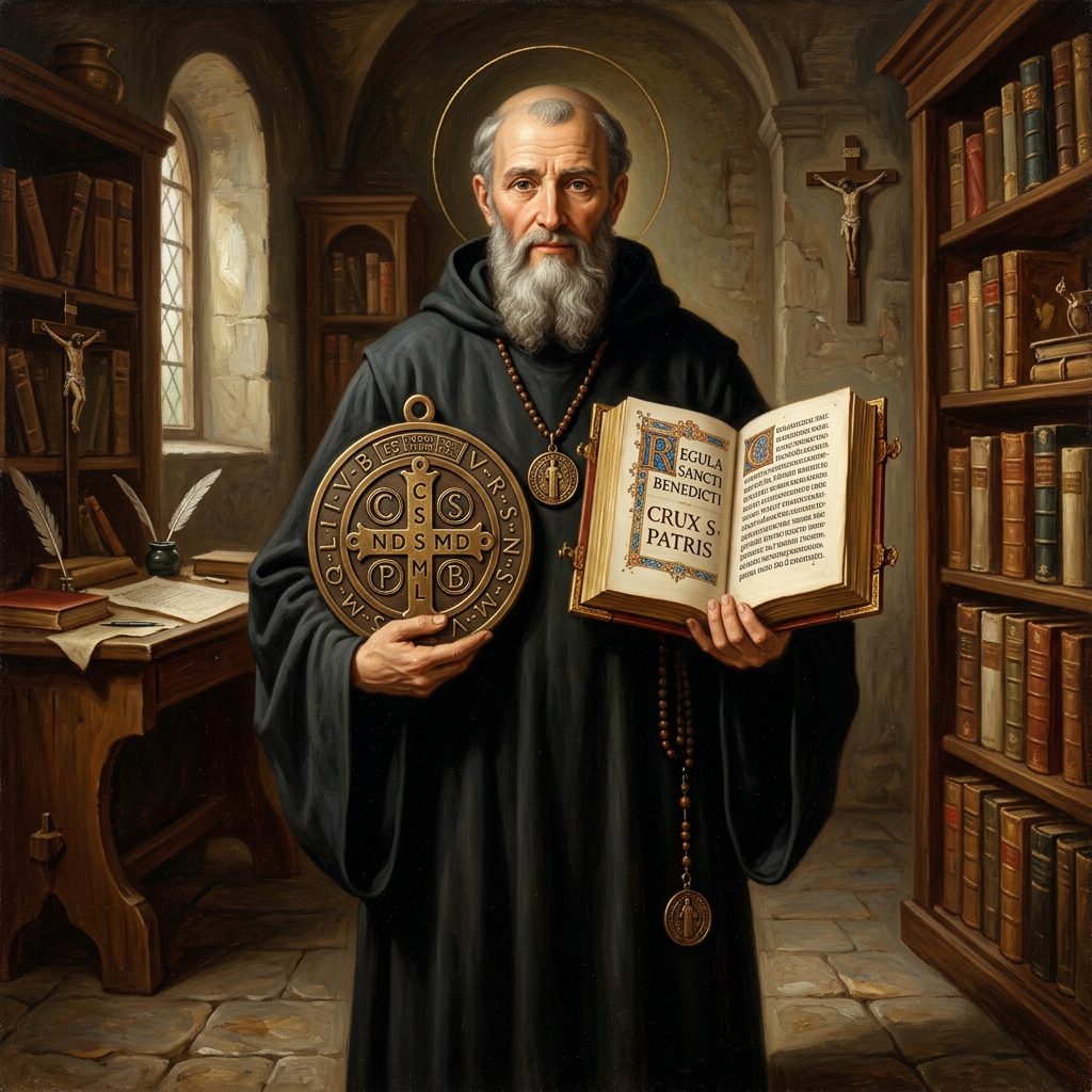 Saint Benedict in black robe holding an open book with Latin text and a large medal with inscriptions in a monastery library.