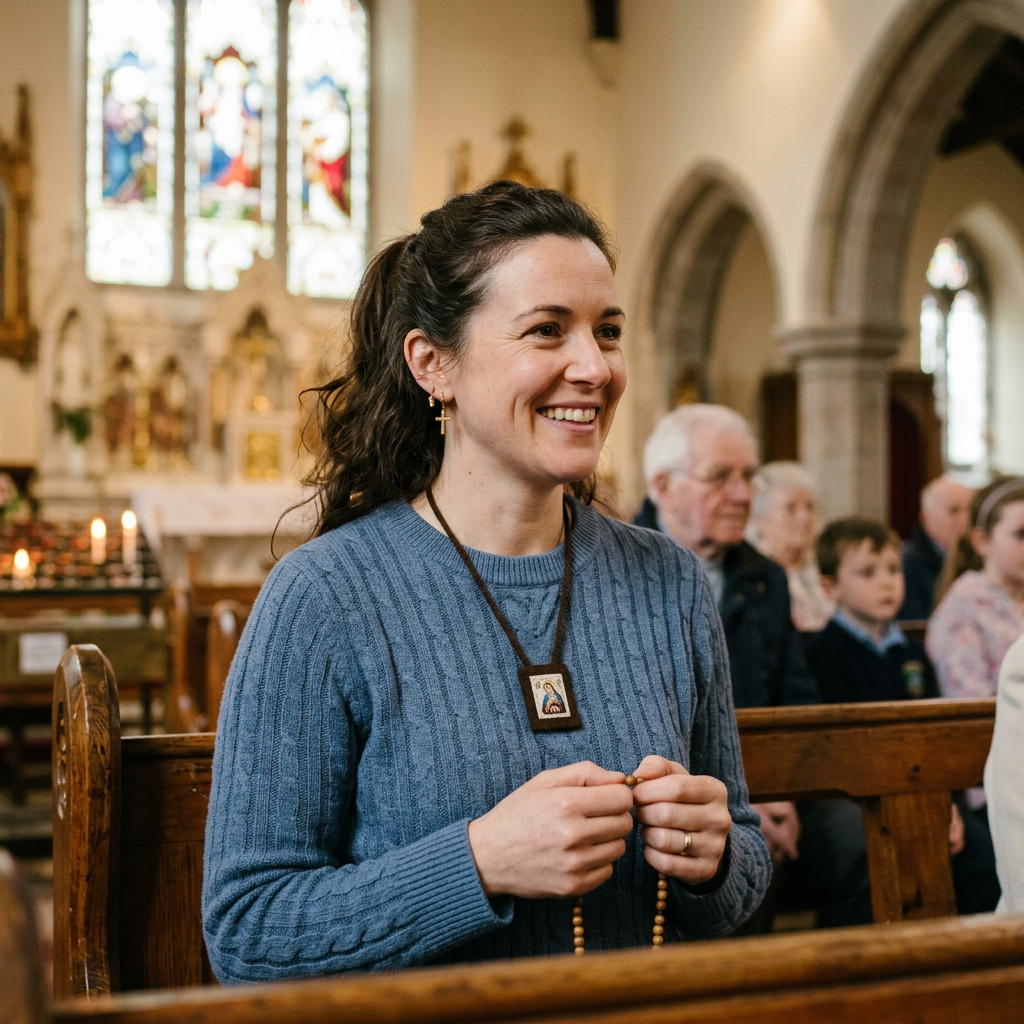 Woman holding a rosary and smiling inside a church with stained glass windows