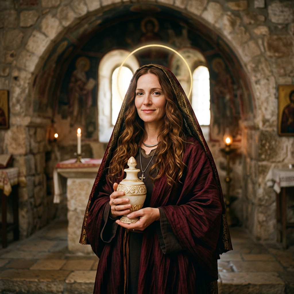 Woman dressed in traditional religious robes holding an ornate jar with halo light behind her