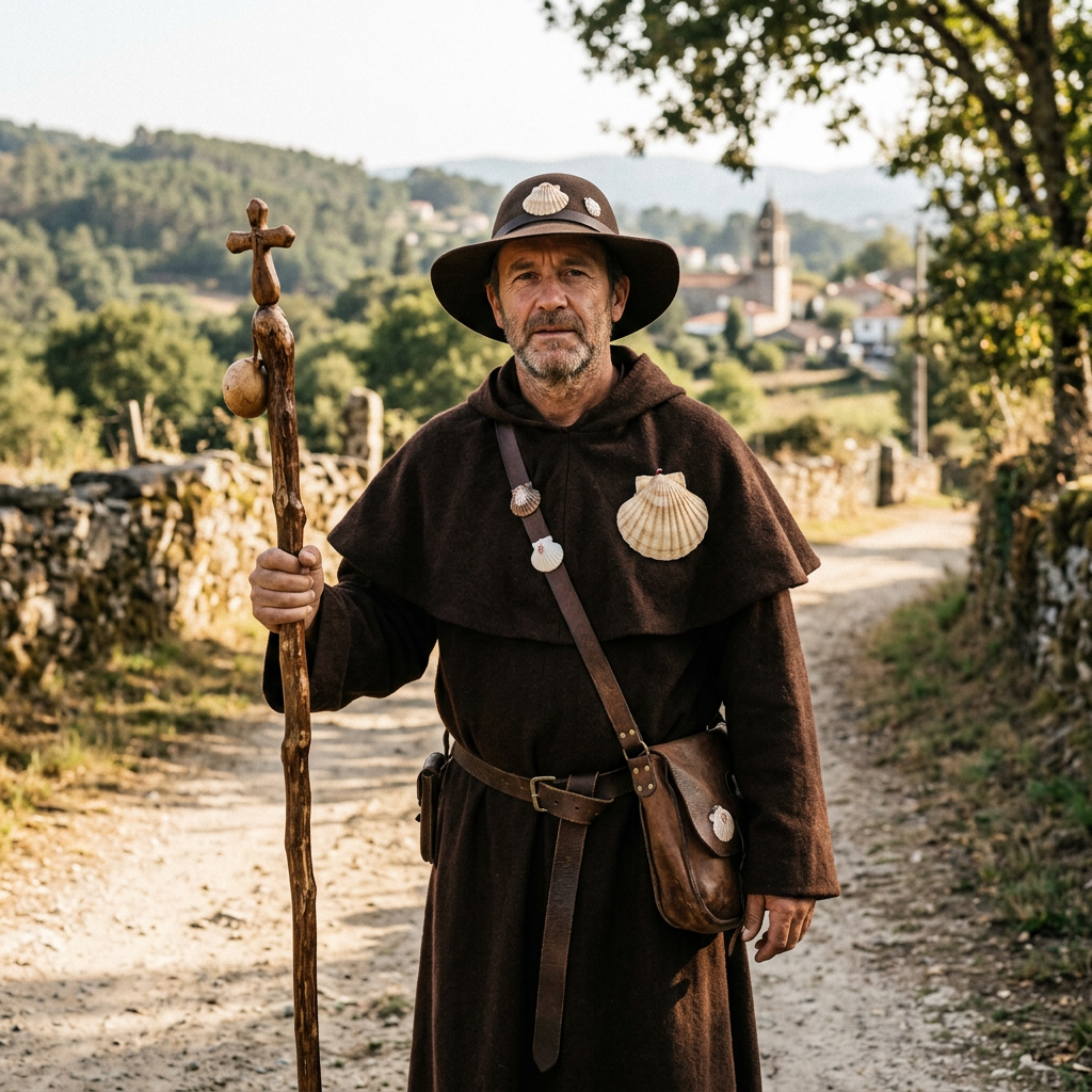 Man wearing brown pilgrim cloak and hat adorned with scallop shells holding wooden staff on country path