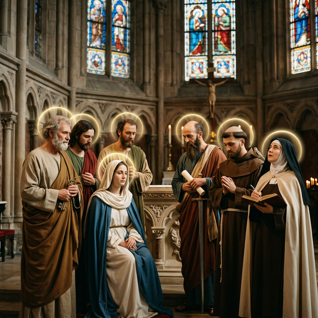 Seven saints with glowing golden halos standing and sitting in a gothic church interior with stained glass windows