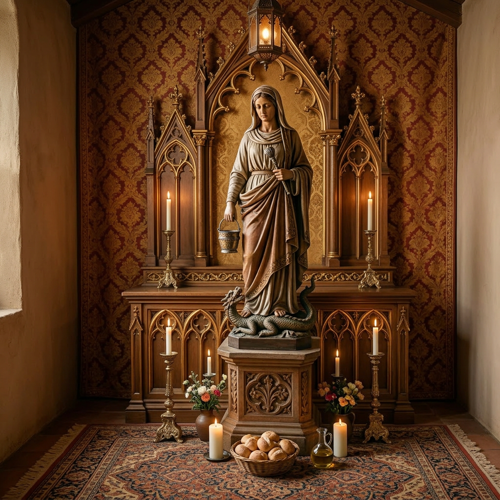 Four elderly individuals kneeling and praying around a statue inside a simple room with candles and flowers