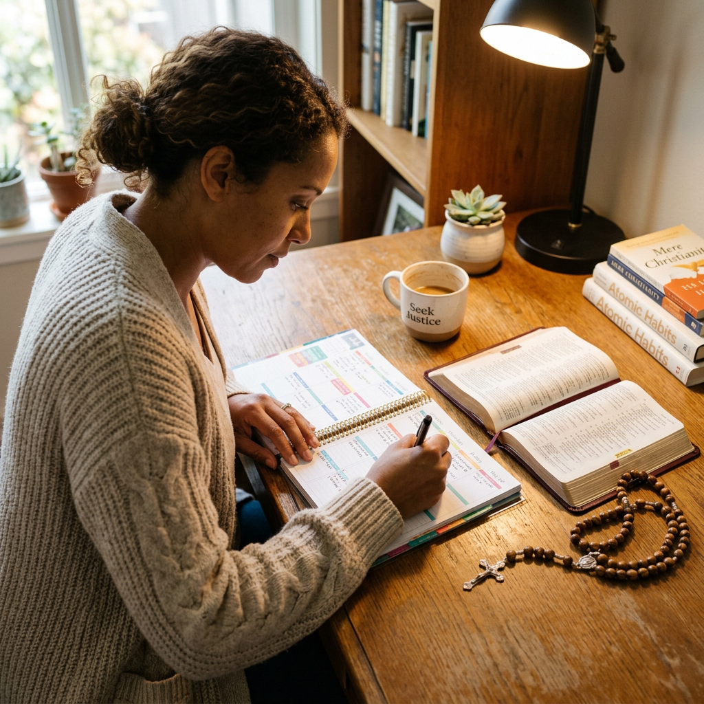 Person organizing planner, Bible and rosary on desk