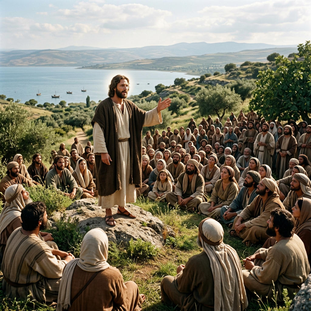 Man in ancient robes speaking to a seated crowd outdoors by the sea