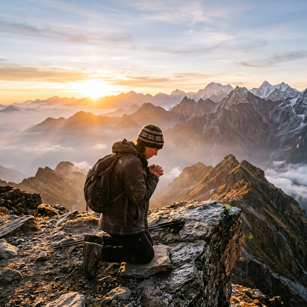 Hiker kneeling on rocky mountain peak with hands clasped at sunrise