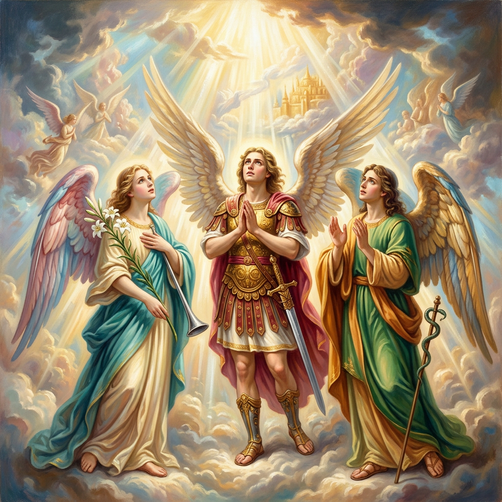 Three angels with large wings standing amidst clouds under shining divine light