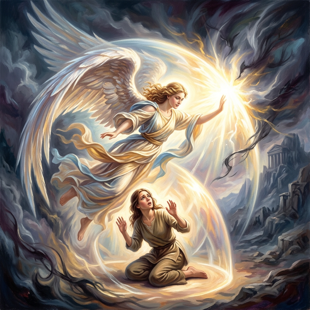 Anjo de asas luminosas estende o braço e protege com um círculo de luz uma pessoa ajoelhada entre sombras