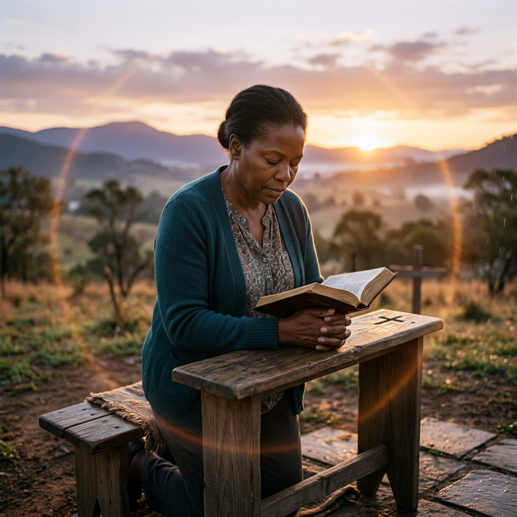 Woman kneeling at a wooden prayer bench reading a Bible during sunset outdoors