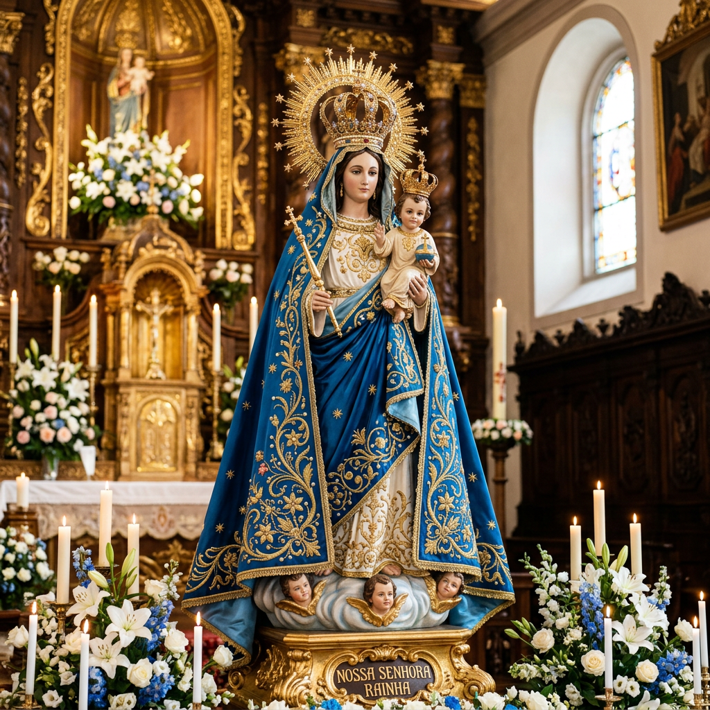 Statue of Nossa Senhora Rainha holding infant Jesus, decorated with a blue and gold robe, surrounded by lit candles and flowers