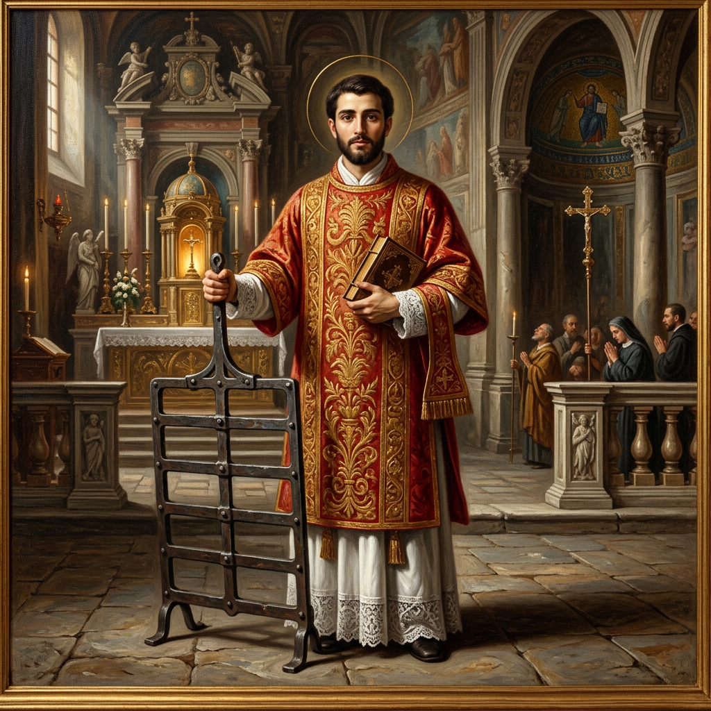 Saint Lawrence in red and gold vestments holding a gridiron and a book in a church