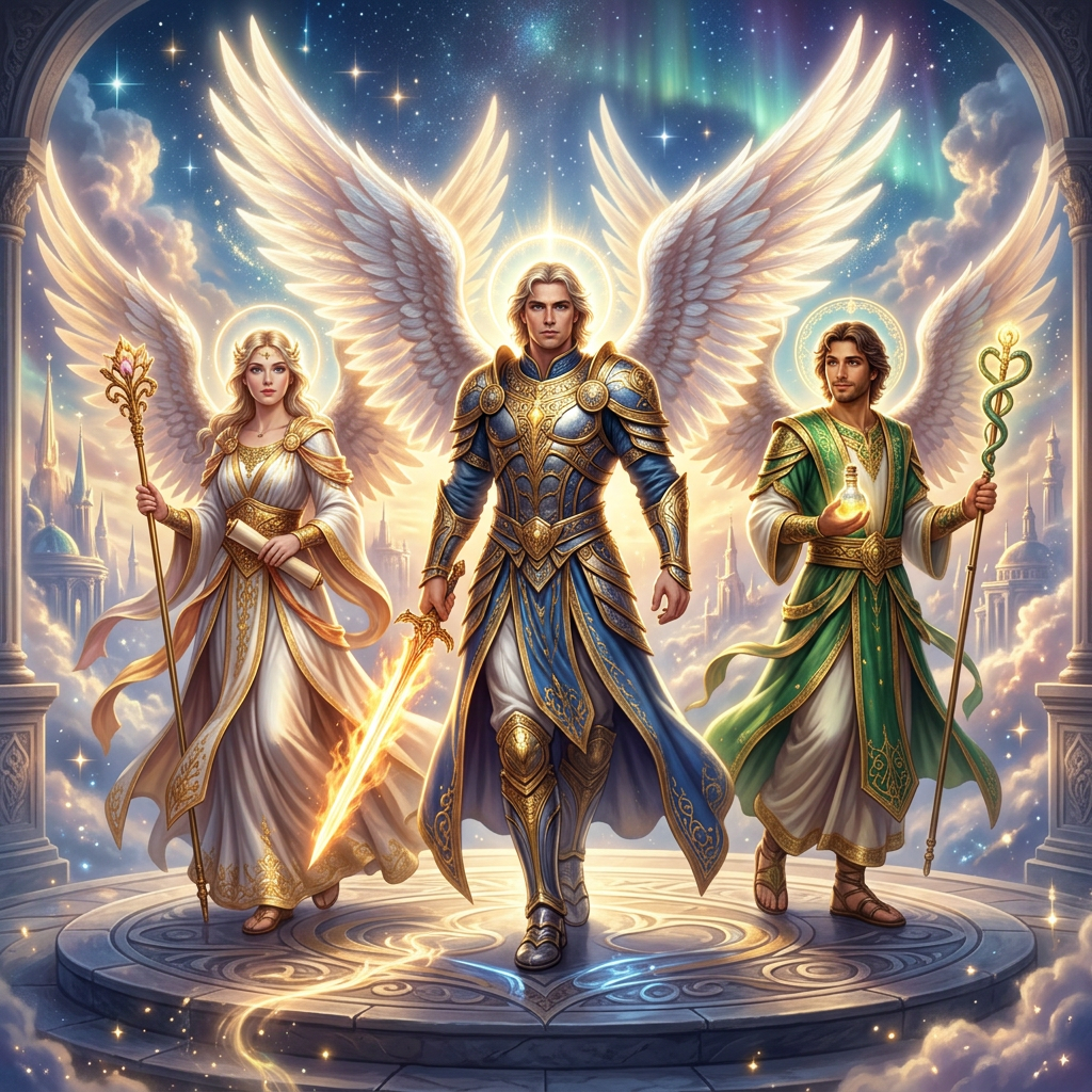 Three angels with large white wings, glowing halos, and ornate robes standing on a circular platform with a starry sky background