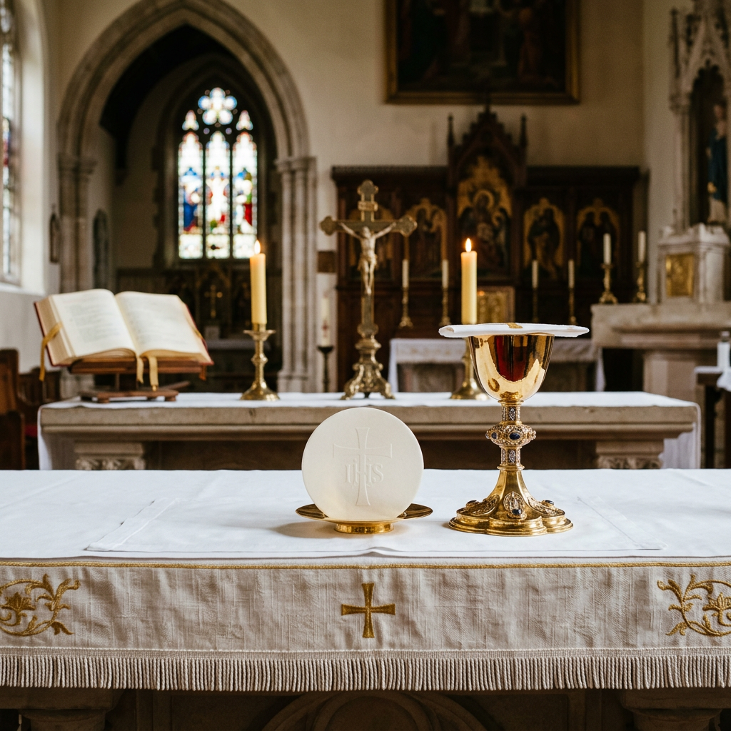 Altar in a church with chalice, host, candles, crucifix, and open Bible