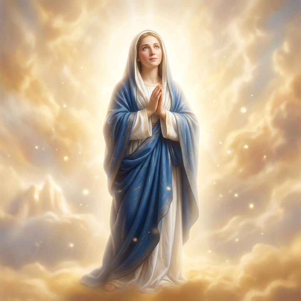 Virgin Mary with blue robe and white veil praying surrounded by golden light and clouds