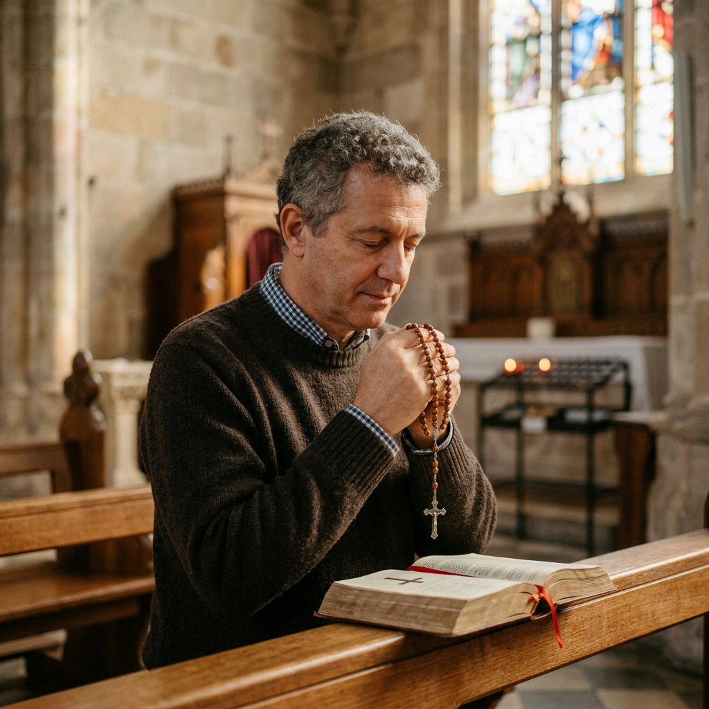 Man holding rosary beads and praying over an open Bible in a church pew
