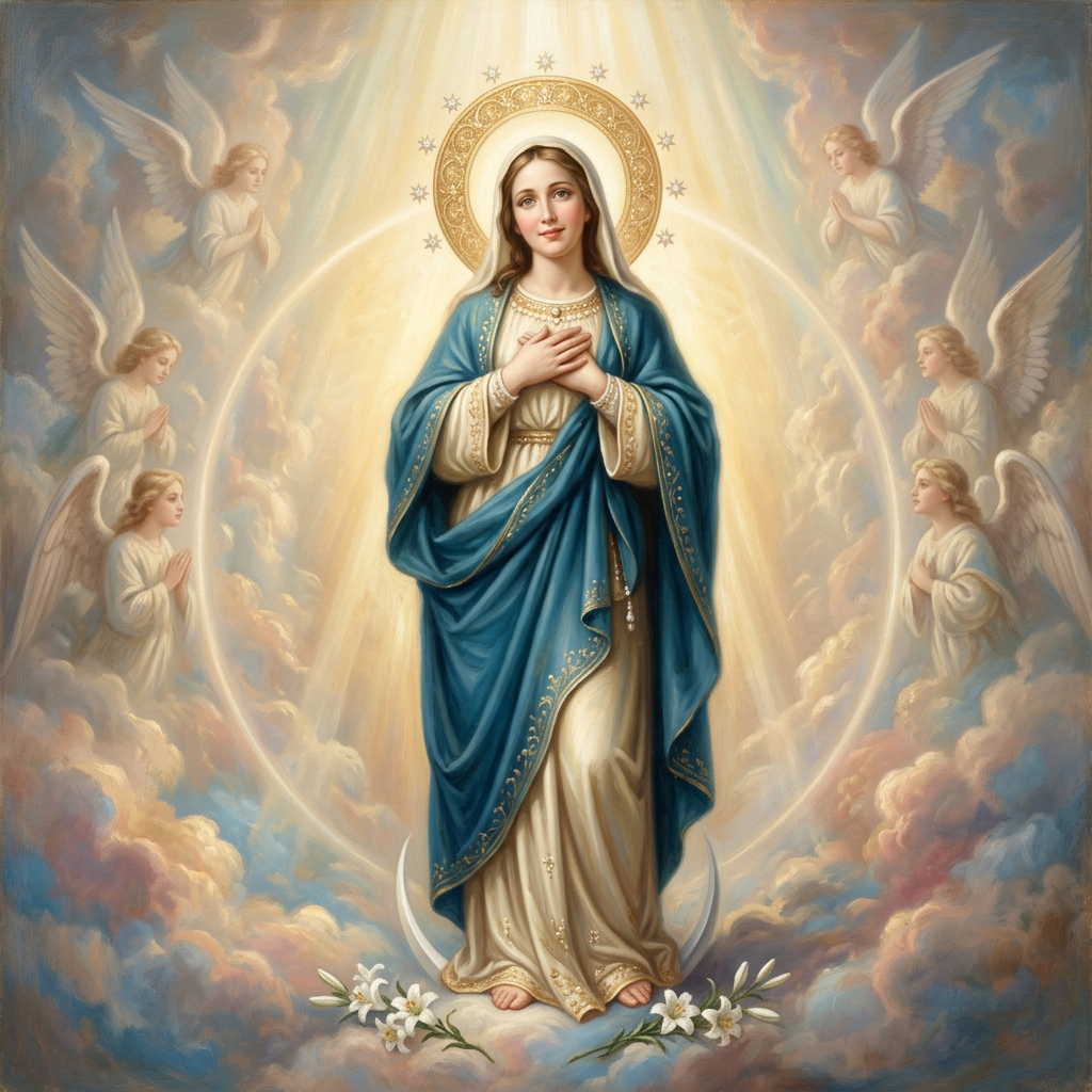 Virgin Mary with halo wearing blue and white robes surrounded by six praying angels in clouds