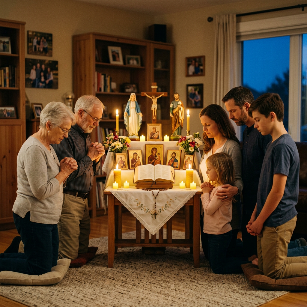 Family praying before illuminated home altar