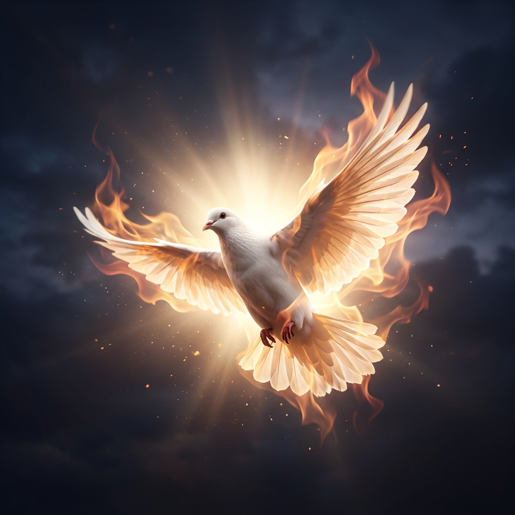 White dove flying with glowing fire and light surrounding wings