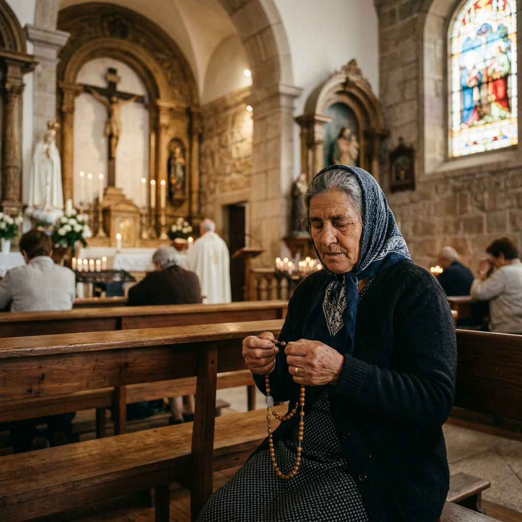 Elderly woman sitting in church pew praying with wooden rosary beads