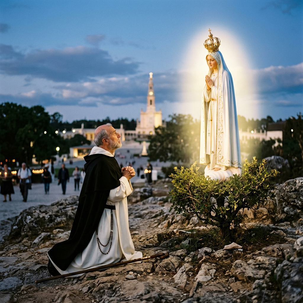Monk kneeling in prayer before illuminated Virgin Mary statue outdoors at dusk
