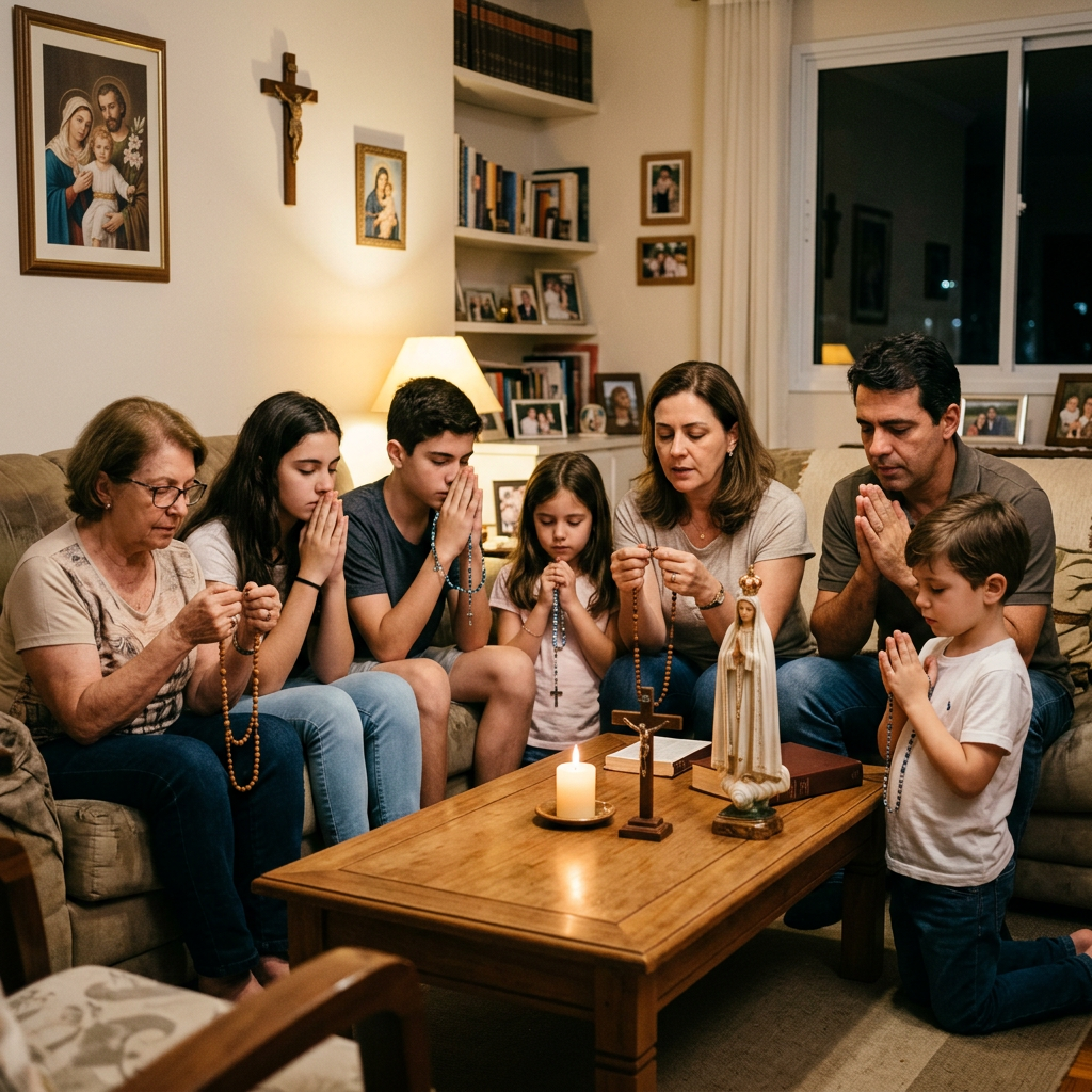 Family members sitting and kneeling in living room praying with rosary beads around a table with religious items