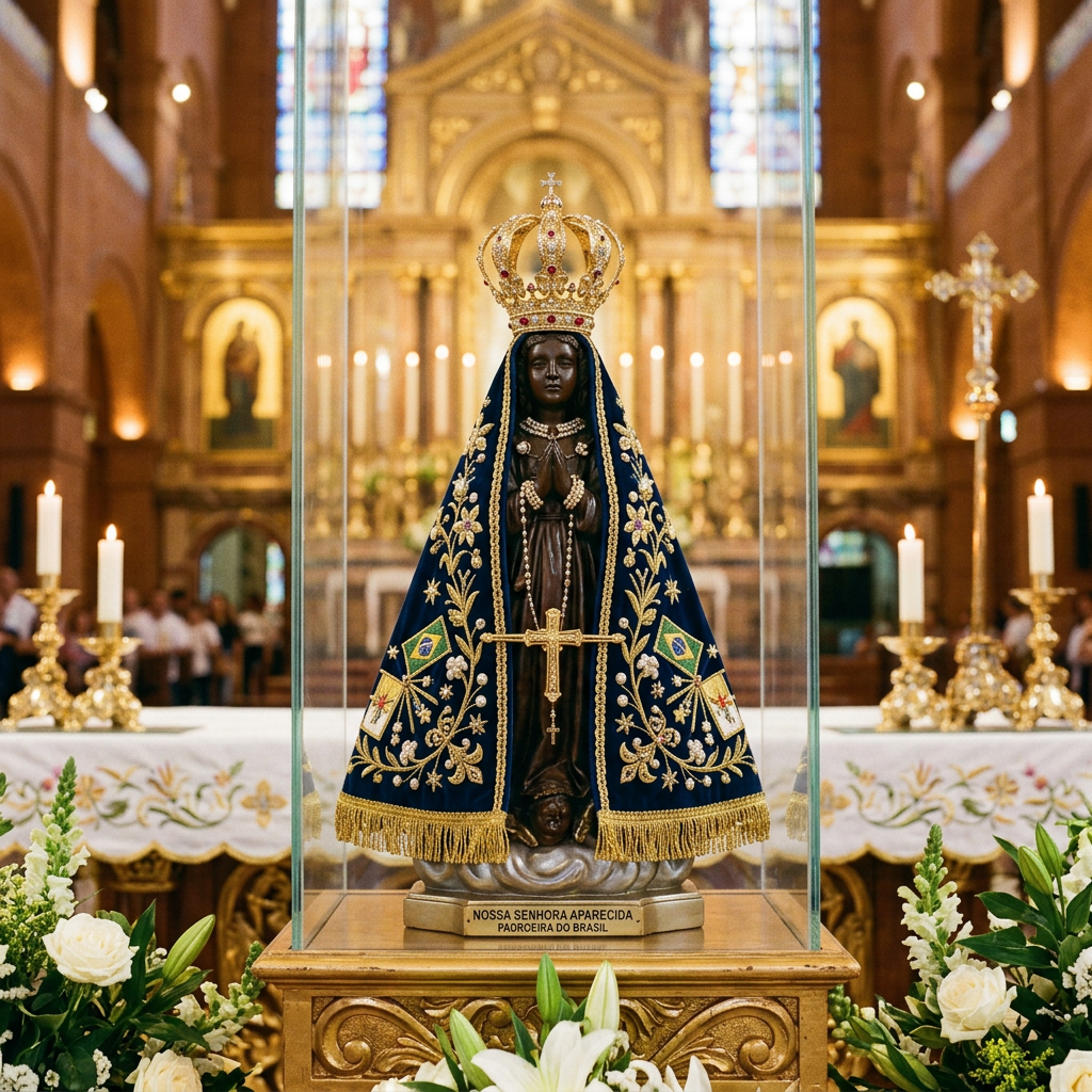Statue of Nossa Senhora Aparecida adorned with a golden crown and blue robe embroidered with gold and Brazil flags.