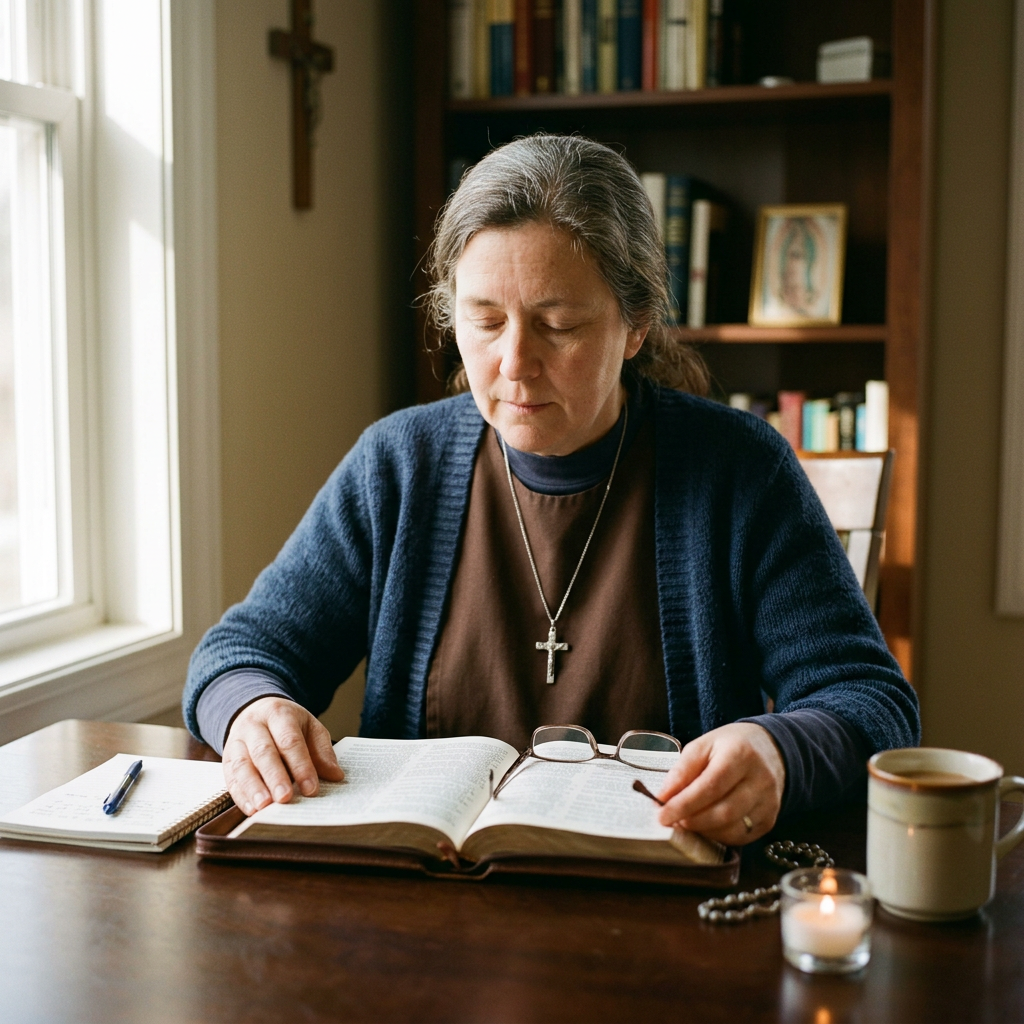Woman reading Bible with rosary, candle, and notebook on table