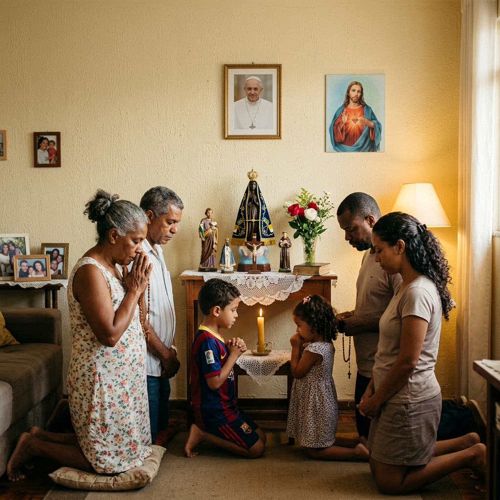 Family kneeling in prayer before a home altar with religious statues and a lit candle