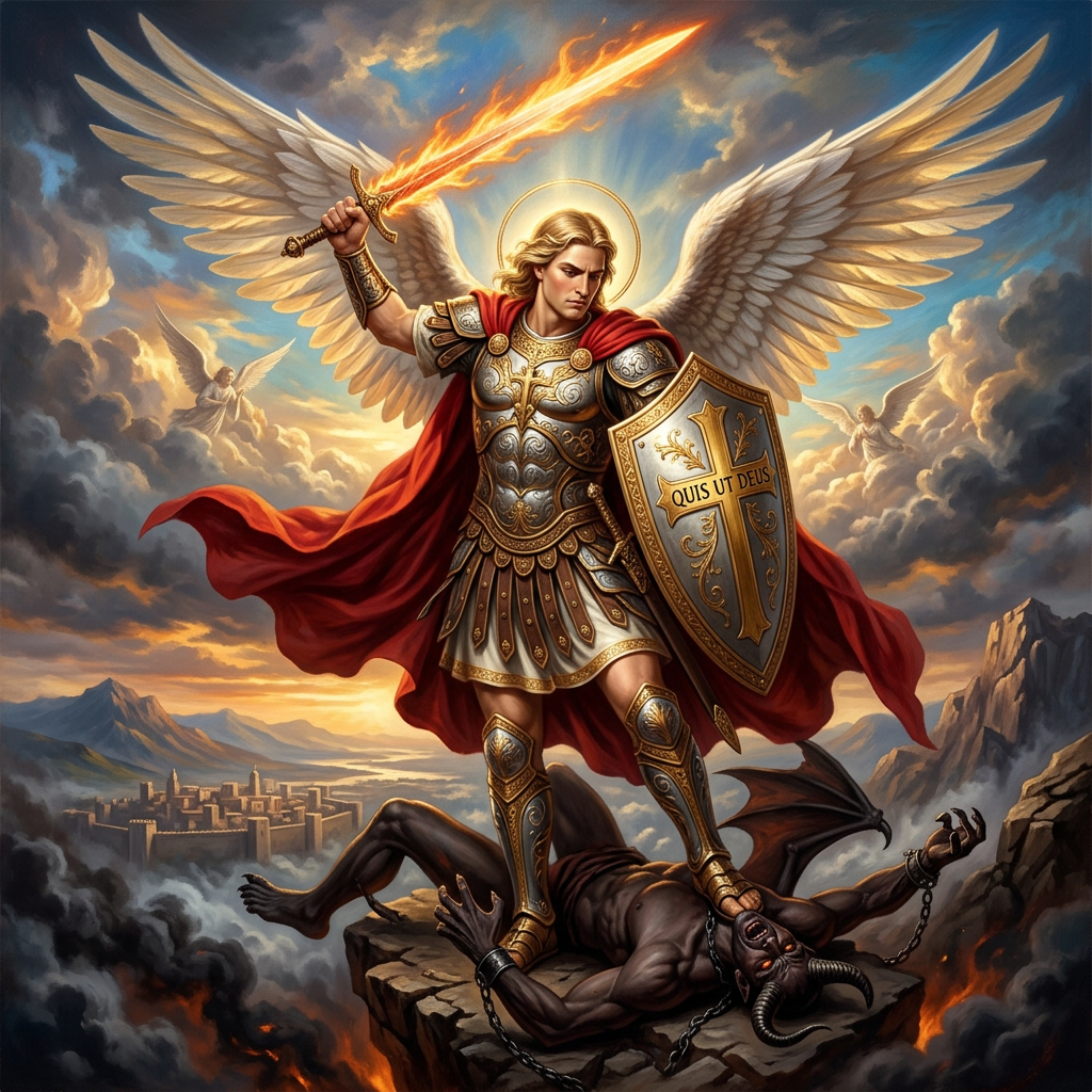 Angel warrior with flaming sword and shield standing on bound demon amid clouds