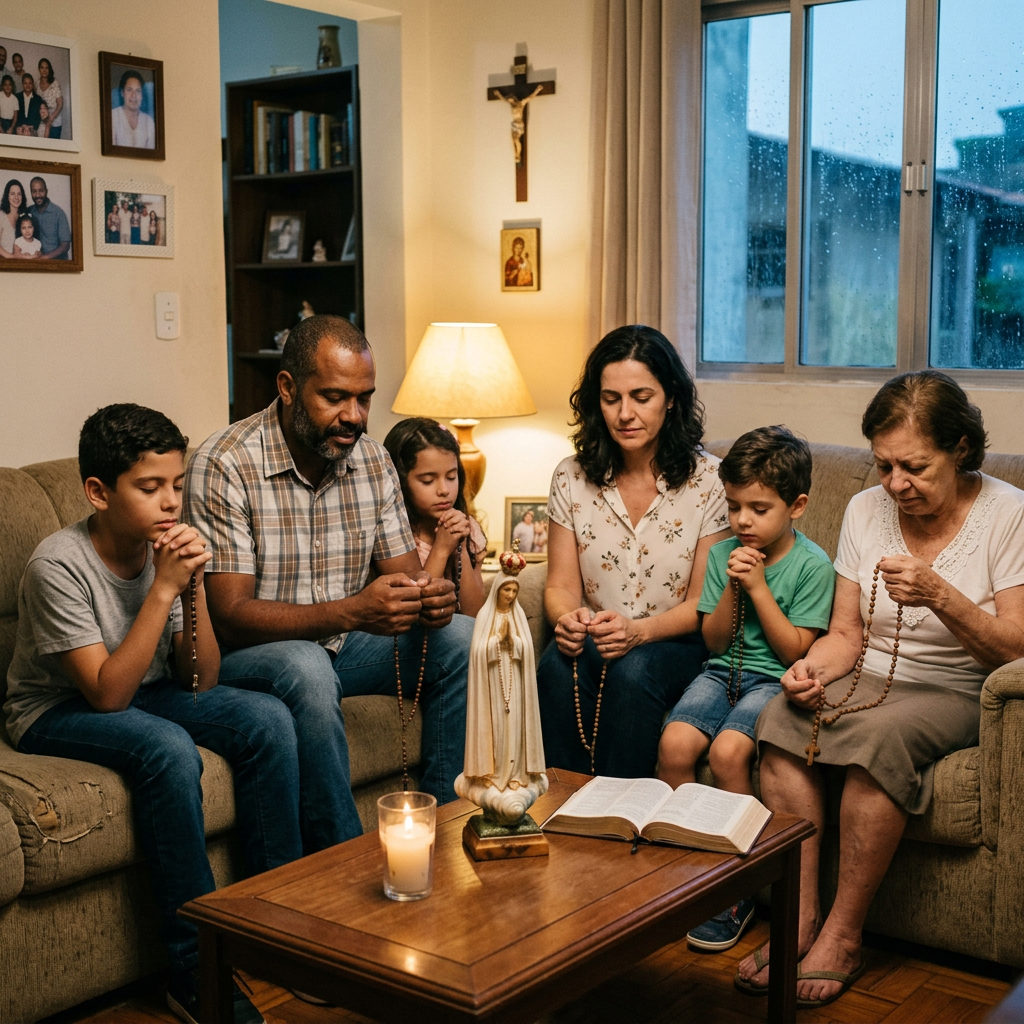 Family of six praying with rosaries around a table with a statue and open Bible
