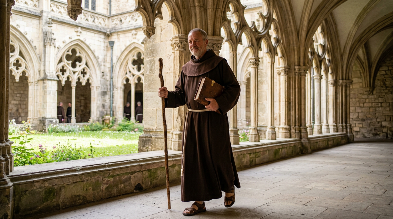 São Bento de Núrsia, monge abade com báculo e o livro da Regra, no claustro