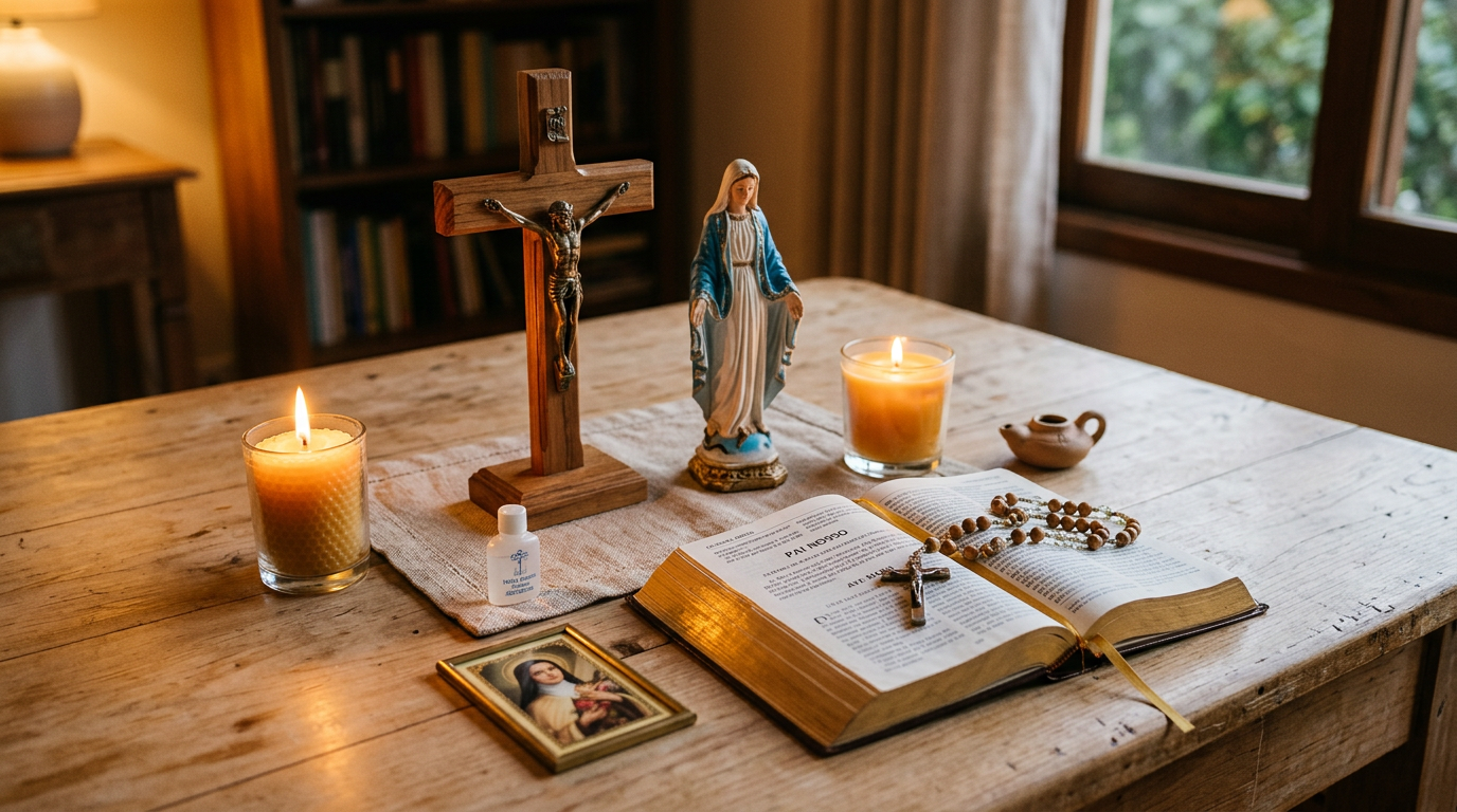 Mesa de madeira com crucifixo, imagem de Nossa Senhora, terço, velas acesas e livro de orações aberto, iluminados por luz quente de janela