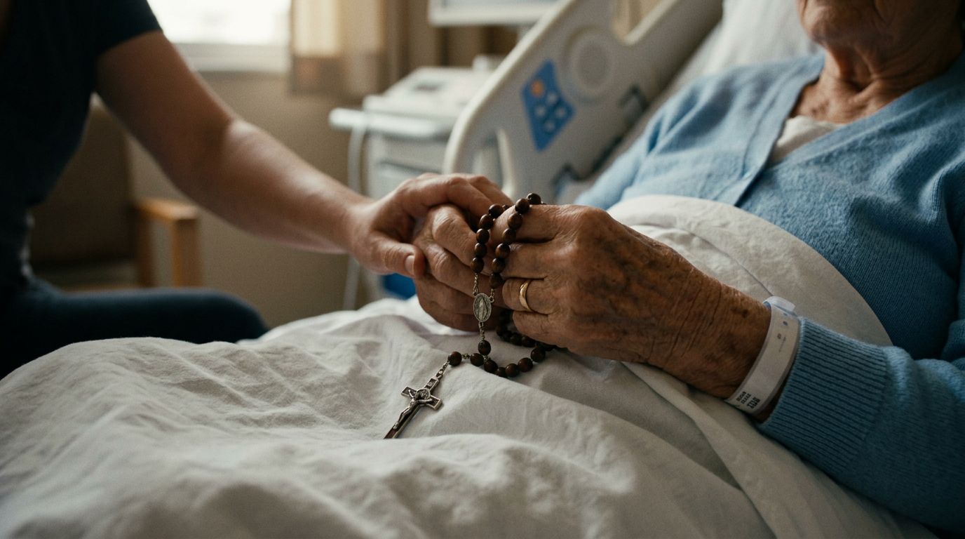 Mãos seguram a mão de uma pessoa doente numa cama de hospital, com um terço de contas entre os dedos