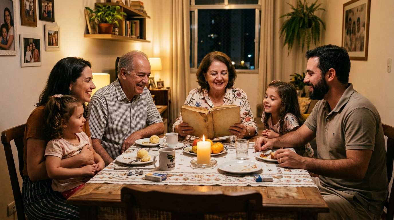 Família reunida à mesa lendo um livro antigo de couro à luz de uma vela, em clima de oração no lar